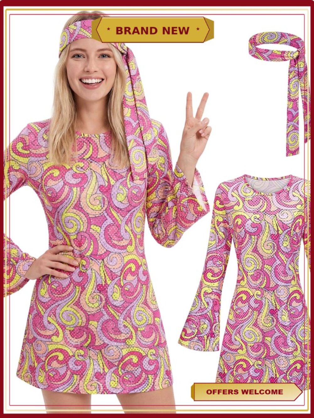 70s Hippie Fancy Dress Costume with Headband, Retro Disco Outfit for Women